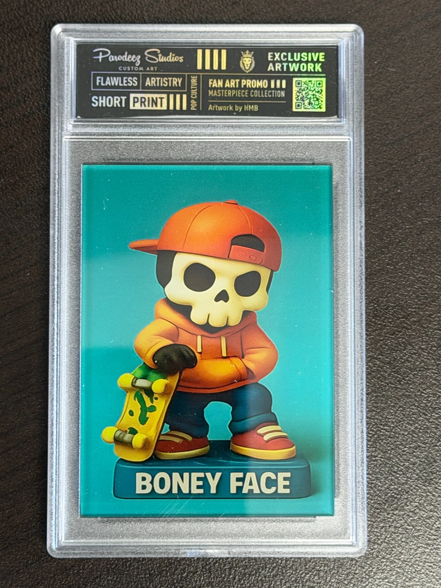 Sunny Side Skater Boney Face 1 of 1 art card with orange hoodie, cap and skateboard, front view
